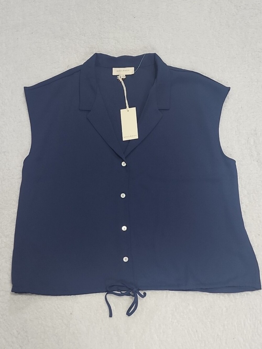 Melloday Sleeveless Drawstring Hem Button Down Navy Shirt New With Tags